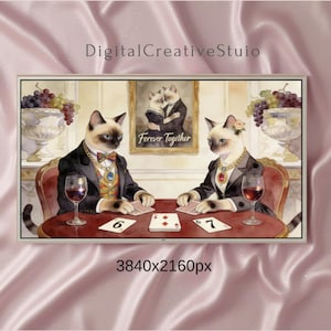 Siamese Cats Watercolor Painting, Romantic Victorian TV Art 4K, Digital Downloads, Luxury Décor Cat Couple, Sofisticated Frame TV 16:9 Ratio