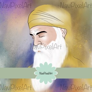 May include: Digital art print of a man with a white beard and a yellow turban, set against a colorful, abstract background. The artwork features the text "NavPixelArt" in multiple locations.
