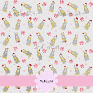 May include: A repeating pattern of gray cats wearing Santa hats and wrapped in gold ribbon. Pink gift boxes and snowflakes are scattered across the light gray background. The text "NavPixelArt" is in a pink flower shape.
