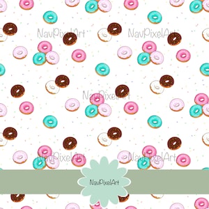 Può includere: Un motivo ripetuto di ciambelle colorate su sfondo bianco. Le ciambelle sono in vari colori, tra cui rosa, verde acqua, cioccolato e vaniglia, con spruzzi sparsi. Il testo "NavPixelArt" è visibile.