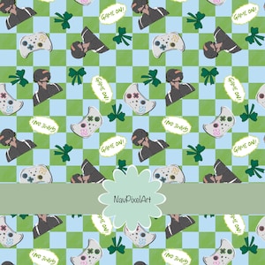 Könnte beinhalten: Digitale Illustration mit einem sich wiederholenden Muster aus Videospiel-Controllern, Gamer-Figuren und grünen Schleifen auf einem blau-grünen Schachbrettmuster. Der Text "GAME ON!" wiederholt sich. Der Künstlername "NavPixelArt" ist ebenfalls sichtbar.