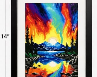 Colorful Mountain Landscape Painting, Original Acrylic Aurora Art, Framed Nature Wall Art, Lake Reflection Sunset Decor