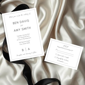 Invitación de boda moderna y sencilla, plantilla editable de Canva, RSVP y detalles.