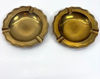 Vintage Brass Ashtray Set of Two Gold Scalloped Rope Edge Aged Patina