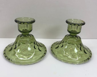 VTG Hazel-Atlas Glass El Dorado Avocado Green Thumbprint Taper Candlesticks MCM