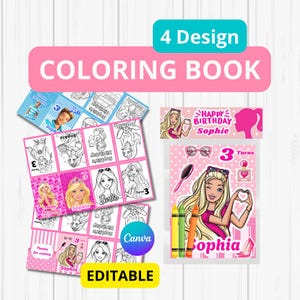 Puede incluir: Una colección de diseños de libros para colorear con Barbie y el nombre "Sophia". Los diseños incluyen varias ilustraciones, el texto "COLORING BOOK" y la palabra "EDITABLE". La imagen tiene una combinación de colores rosa y azul.