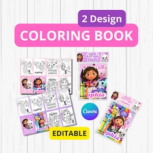 gabby mini libro x2 para colorear personalizado / pdf + png /feliz cumpleaños gabriela catrat, fairy,pillow, pandy, cakey, baby box