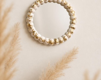 Espejo redondo hecho a mano con cuentas de escamas de oro blanco – Decoración de pared estilo boho moderno