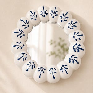 Hand-Painted Talavera Mirror Blue White Mexican Wall Decor Espiga Plumeado Resin Round Art