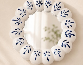 Hand-Painted Talavera Mirror Blue White Mexican Wall Decor Espiga Plumeado Resin Round Art
