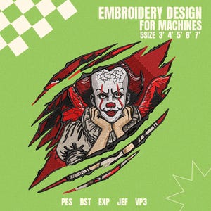 Può includere: Design per ricamo per macchine con un clown con capelli e trucco rossi su sfondo verde. Il design include il testo "EMBROIDERY DESIGN FOR MACHINES" e dimensioni in cm: 7.6, 10.2, 12.7, 15.2, 17.8.