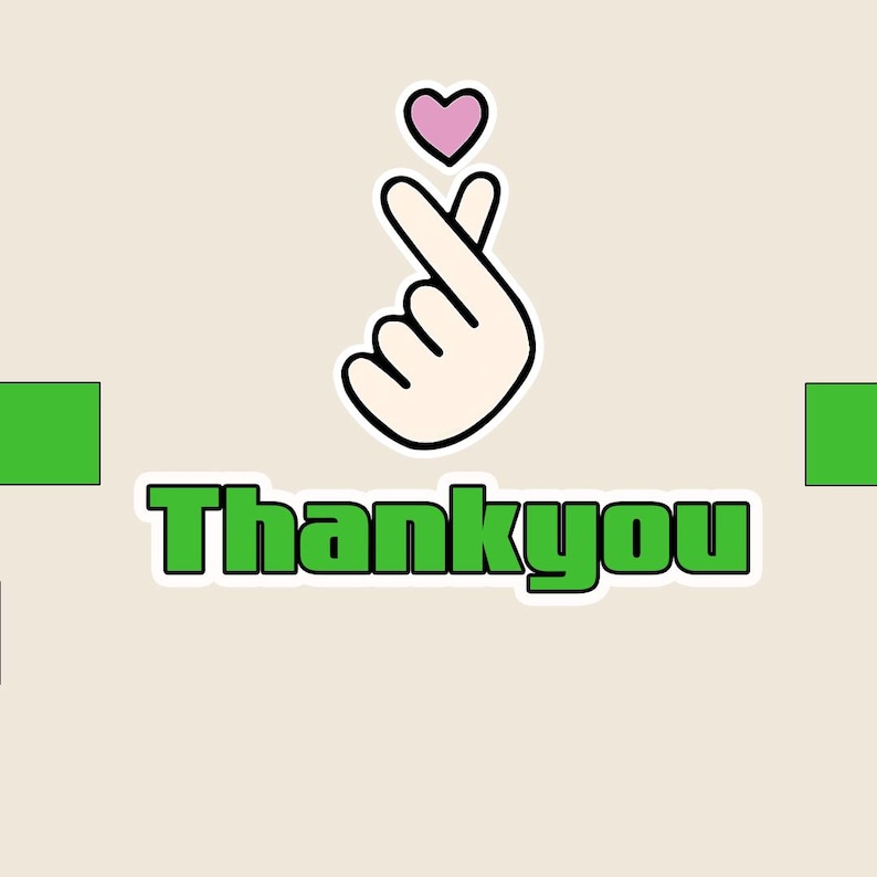 May include: A graphic illustration on a light beige background featuring a hand gesture forming a heart shape with a small pink heart icon above it. Below the hand gesture, the word Thankyou is written in bold green letters with a white outline.