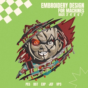 May include: An embroidery design for machines depicting a doll's face with a sinister expression, framed by ripped fabric. The design includes the text "EMBROIDERY DESIGN FOR MACHINES" and size options.