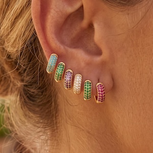 Dainty Gemstone Cz Pave Hoop Earrings, Colorful Birthstone Huggie Earrings, Green Black Earring Birthday Gift for Her