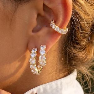 Minimalist Gold Filled Pave Cz Circle Huggie Hoop Earrings Set Ear Cuff Stud Earrings Stack Everyday Wedding Bride Jewelry