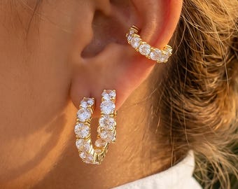 Minimalist Gold Filled Pave Cz Circle Huggie Hoop Earrings Set Ear Cuff Stud Earrings Stack Everyday Wedding Bride Jewelry