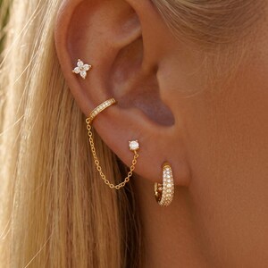 Dainty Gold Filled Flower Stud Earrings Ear Cuff Chian Linked Stud Earrings Set Cz Pave Hoop Earrings Stack Everyday Jewelry
