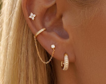 Dainty Gold Filled Flower Stud Earrings Ear Cuff Chian Linked Stud Earrings Set Cz Pave Hoop Earrings Stack Everyday Jewelry