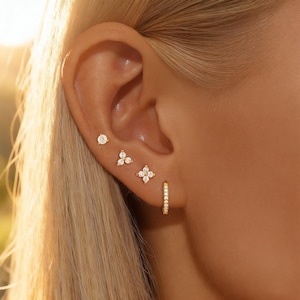 Dainty Gold Filled CZ Hoop Earrings Set for Women 4 Leaf Clover Flower Flat Back Stud Earrings Stack gift for her