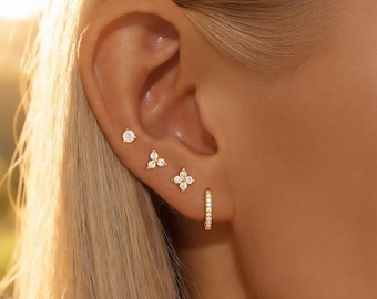 Dainty Gold Filled CZ Hoop Earrings Set for Women 4 Leaf Clover Flower Flat Back Stud Earrings Stack gift for her