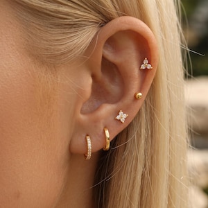 May include: Close-up of an ear with various gold earrings. The ear has a small hoop earring with clear stones, a plain gold hoop, a flower-shaped stud, a small gold ball stud, and a triangular stud with three clear stones.