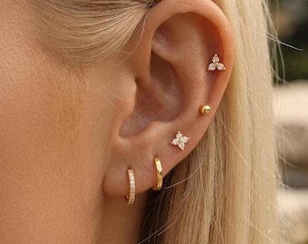 Dainty 18K Gold Filled Earring Set, Flat Back Stud Hoop Earrings, Flower CZ Ear Stack Set, Minimalist Cartilage Earrings Everyday