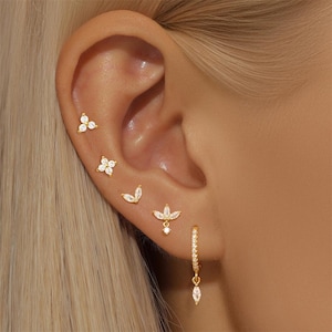 Ensemble de boucles d'oreilles multiples en zircone plaquée or pour femme, boucles d'oreilles fleur à dos plat, boucles d'oreilles pendantes, cadeau empilé pour elle