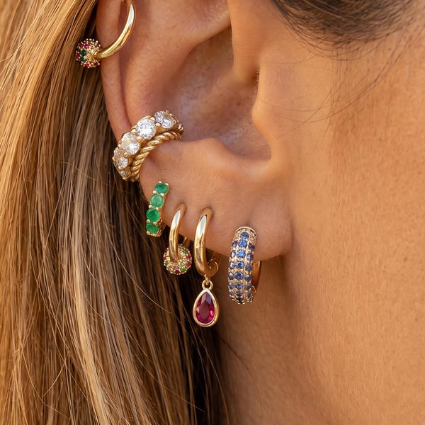 Dainty Gold Filled Pave Cz Gemstone Multicoloured Drop Hoop Earrings Set for Women Ear Cuff Earrings Stack gift for her