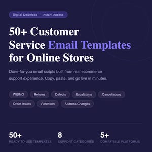 Può includere: Grafica digitale con il testo "50+ Modelli di email per il servizio clienti per negozi online". Include script di email per vari problemi di assistenza clienti. La grafica evidenzia anche il numero di modelli, categorie di supporto e piattaforme compatibili.