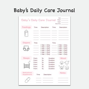 Könnte beinhalten: Ein weißes Baby-Tagebuch mit rosa Akzenten. Das Tagebuch enthält Abschnitte für Fütterungen, Windeln, Schlaf, Medikamente und Notizen. Es gibt Platz, um Zeit, Beschreibungen und Stimmung aufzuzeichnen.
