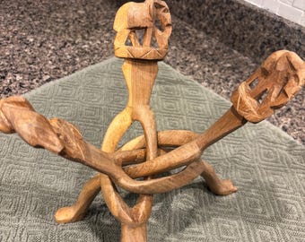 Vintage Hand Carved Wooden Elephant Trivet Stand | African Folk Art Safari Decor | Boho Rustic Centerpiece Sculpture