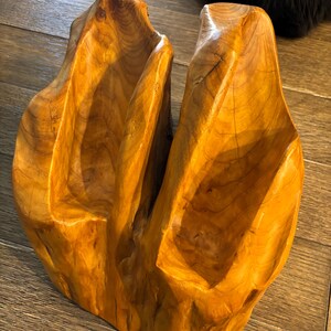 May include: A pair of wooden bookends carved from a single piece of wood. The bookends have a natural, organic shape with a warm, golden-brown color and visible wood grain. The design features two curved sections to hold books.