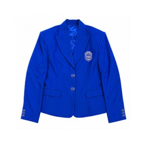 May include: A royal blue blazer featuring a notched lapel, two front buttons, and two flap pockets. The left chest displays a white embroidered crest with the letters ZΦB. Each sleeve cuff has three small buttons, and the interior is lined in blue.