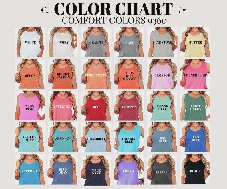 Puede incluir: Una carta de colores para camisetas sin mangas Comfort Colors 9360 que presenta una cuadr&iacute;cula de 30 prendas sin mangas en varios colores, incluidos blanco, marfil, granito, gris, arenisca, mantequilla, mel&oacute;n, salm&oacute;n, terracota y negro.