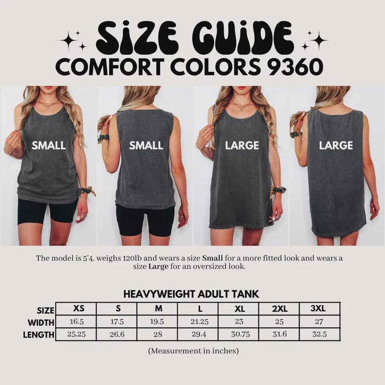 Puede incluir: Una gu&iacute;a de tallas para camisetas sin mangas Comfort Colors 9360. La imagen muestra cuatro vistas de una camiseta gris oscuro en tallas small y large, junto a una tabla que enumera las medidas de ancho y largo en pulgadas de XS a 3XL.