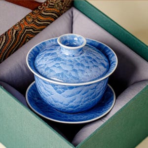 Deep Blue Porcelain Gaiwan Set - Crystalline Glaze Large Sancai Lidded Tea Bowl