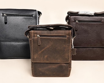 Genuine Leather Messenger Bag, Distressed Crossbody Satchel, Vintage Casual Engraving Crossbody Sling,  Men Women Travel Shoulder Bag.