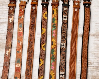 Ceinture western en cuir repoussé faite main : peau de vache à gravure florale, 1,5 po. de large