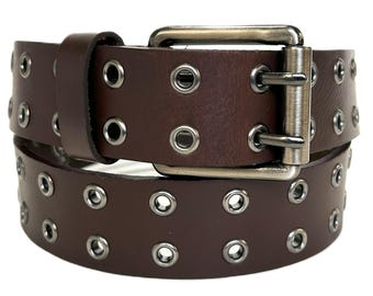 Full Grain Leather Double Grommet Belt – Sturdy 1.5" Wide Eyelet Strap