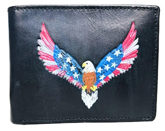 Genuine Leather Brave Eagle Handpainted Bifold Wallet With RFID Protection