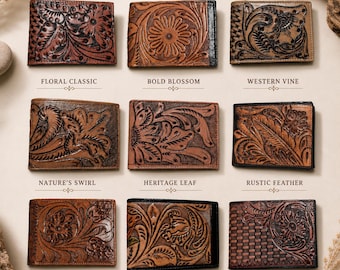 Pode incluir: Nove carteiras de couro castanho com desenhos florais, de folhas e tecidos em relevo. Cada carteira tem um padrão único, incluindo um floral clássico, uma flor ousada e uma videira ocidental. As carteiras estão dispostas numa grelha.