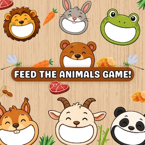Op de afbeelding: Een kleurrijk kinderspelbord met cartoon-diergezichten, waaronder een leeuw, een konijn, een kikker, een beer, een eekhoorn, een geit en een panda. Het spel heet "FEED THE ANIMALS GAME!" en bevat wortels, vlees en honing.