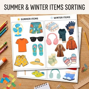 May include: A printable educational worksheet titled SUMMER & WINTER ITEMS SORTING featuring illustrations of seasonal clothing and accessories. The left side shows summer items like a fan, shorts, sunglasses, and flip-flops, while the right side displays winter gear like a blanket, gloves, scarf, earmuffs, and a coat.