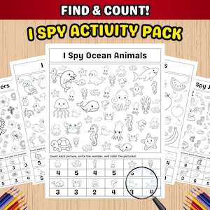 Może przedstawiać: Zestaw stron z aktywnościami dla dzieci z tekstem "FIND & COUNT! I SPY ACTIVITY PACK". Strony zawierają czarno-białe ilustracje zwierząt morskich, kwiatów i innych przedmiotów. Widoczny jest tekst "I Spy Ocean Animals".