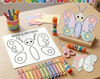 Build a Bug Craft Printable | Bee Butterfly Ladybug Cut and Glue Activity for Kids | Insect Coloring Page | Preschool Homeschool PDF