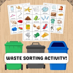 May include: Educational waste sorting activity with illustrated cards and three colorful bins. The cards display various waste items like banana peels, plastic bottles, and pizza. The text "WASTE SORTING ACTIVITY!" is displayed on a white banner.