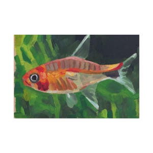 May include: A painting of a fish in shades of orange, red, and pink. The fish has a dark eye and transparent fins. The background is painted with green brushstrokes, depicting aquatic plants. The artwork is a vibrant depiction of aquatic life.