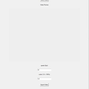 Puede incluir: Una interfaz de software con un bot&oacute;n Select Video en la parte superior, un &aacute;rea rectangular grande de Video Preview y campos de entrada para la velocidad en fps establecida en 10 y la escala en 1.0. Un bot&oacute;n Export Video se sit&uacute;a abajo.