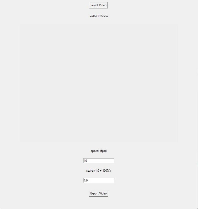 Puede incluir: Una interfaz de software con un bot&oacute;n Select Video en la parte superior, un &aacute;rea rectangular grande de Video Preview y campos de entrada para la velocidad en fps establecida en 10 y la escala en 1.0. Un bot&oacute;n Export Video se sit&uacute;a abajo.