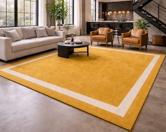 Hand Tufted Wool Area Rug | Yellow with White  Border Modern Carpet For Living Room